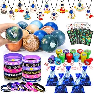 vamei 92 stks Space Party Bag Fillers voor Kids Ruimte Party Gunsten Ruimte Siliconen Armbanden Bouncy Ballen Kettingen…