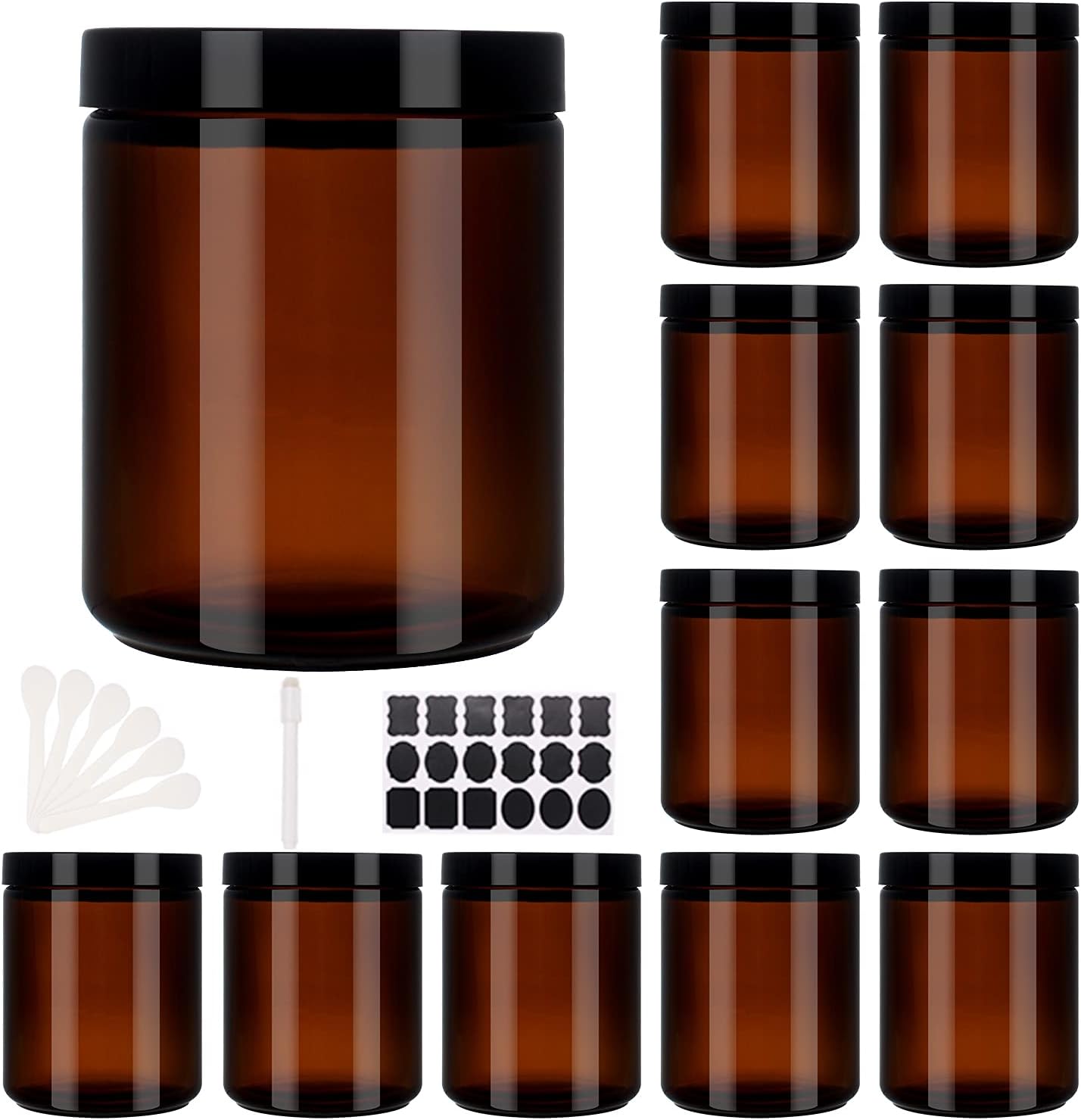12 Pack 8 oz Round Amber Glass Cosmetic Jars with Black Lids, Spatula, Chalk Labels, Pen, Candle Holder, Refillable Containers for Makeup, Cream, Sugar Scrubs, Bath Salts