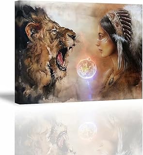 Native American Woman Wall Art for Living Room, SZ Wall Decor for Bedroom of Original Indian Feather & Lion Fashion Painti...