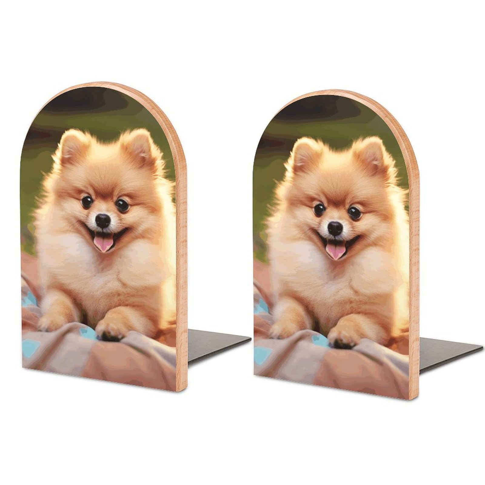 Beech Wood Book Ends Short-haired Pomeranian Printed Bookend for Shelves Home Decorative Bookends for Heavy Books for Office Bookshelves