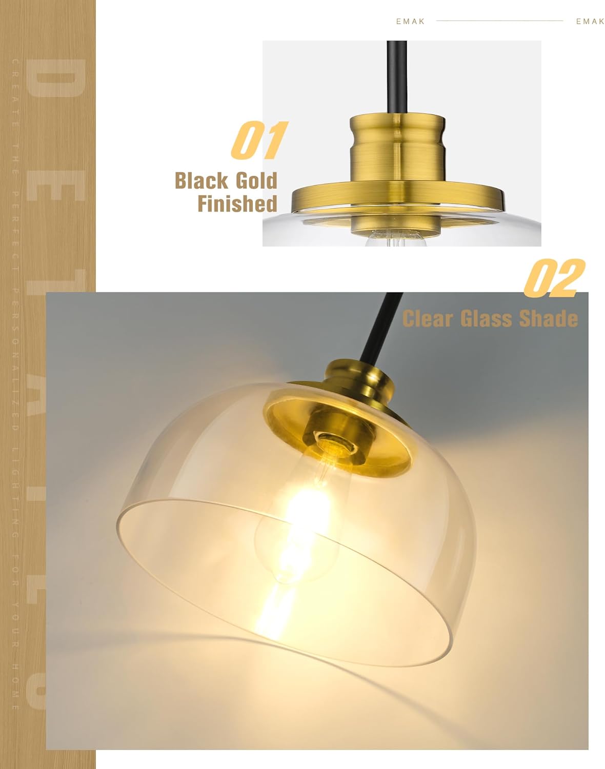 Emak Black and Gold Pendant Lights, 10 Inch Large Pendant Light Fixtures with Clear Glass Shade, Modern Farmhouse Island Lights for Kitchen, Dining Room, Bathroom, Bar, PL131-BKBGD-CG