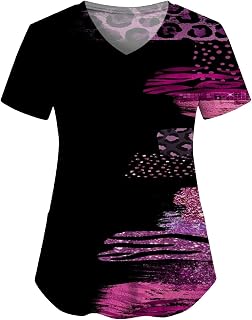 Bourund Fashion Nursing Printed Scrubs Tee Pockets Short Sleeve V Neck Colorful Graphic Black Workwear for Nurse, Nurse Gifts