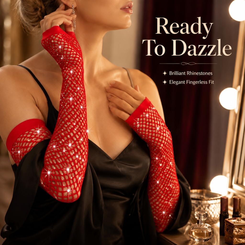 Long Fishnet Fingerless Gloves 80’s Theme Party with Rhinestones Mesh Gloves for Women Girls Cosplay, Performance.