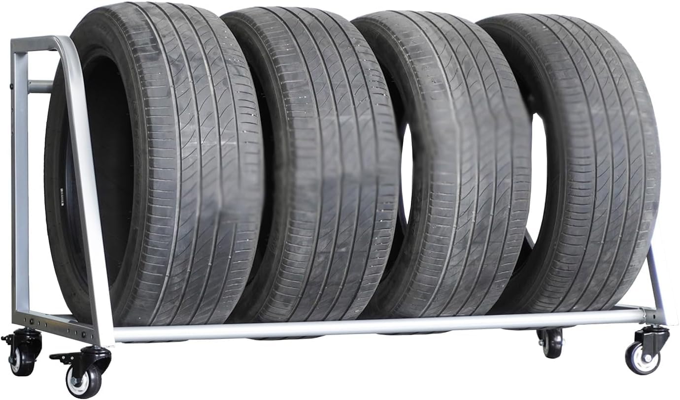 Étagère à pneus en métal robuste gris chariot mobile de stockage en acier