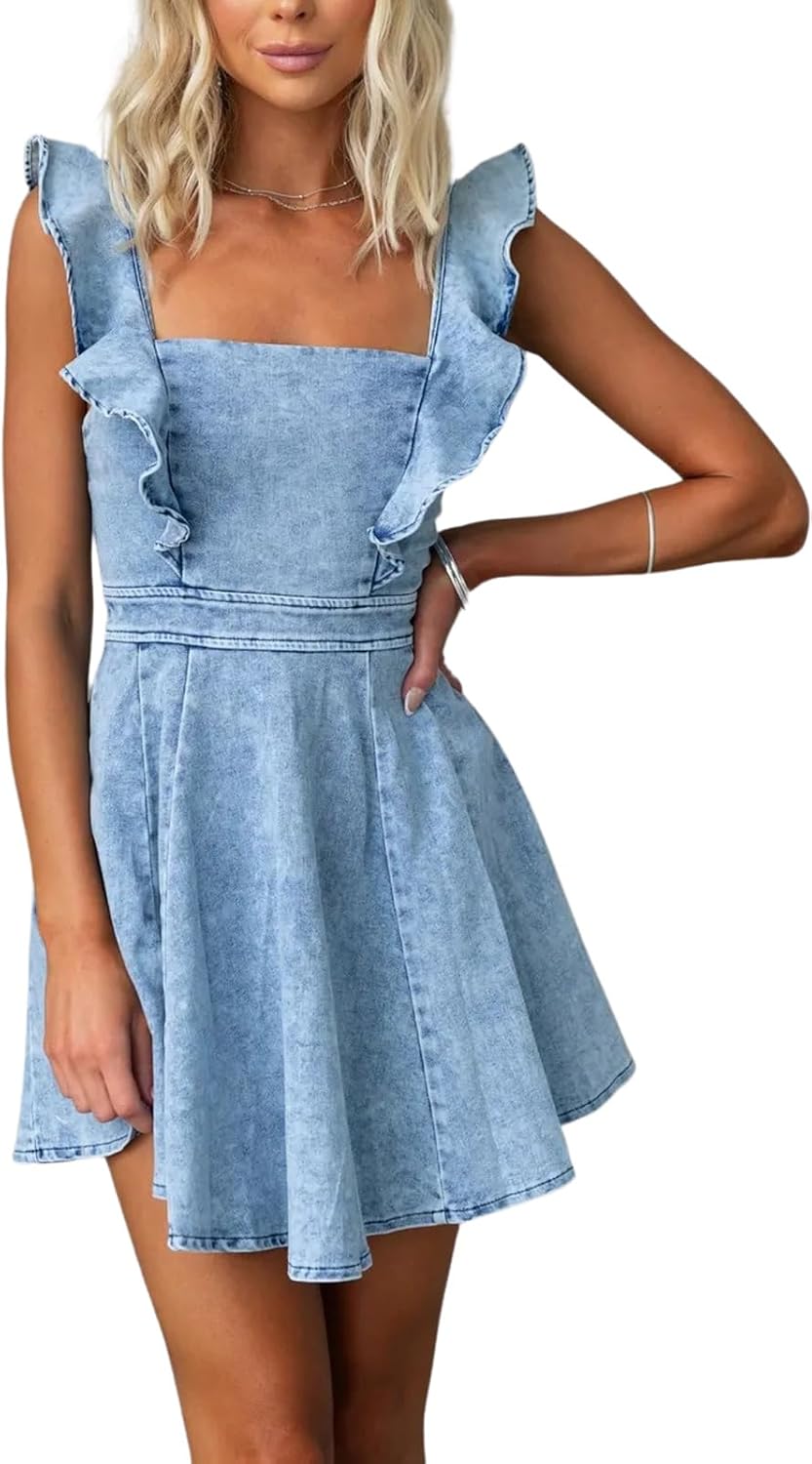 loveimgs Women’s Summer Ruffle Sleeveless Adjustable Strap Denim Mini Dress Casual Backless A Line Short Dress