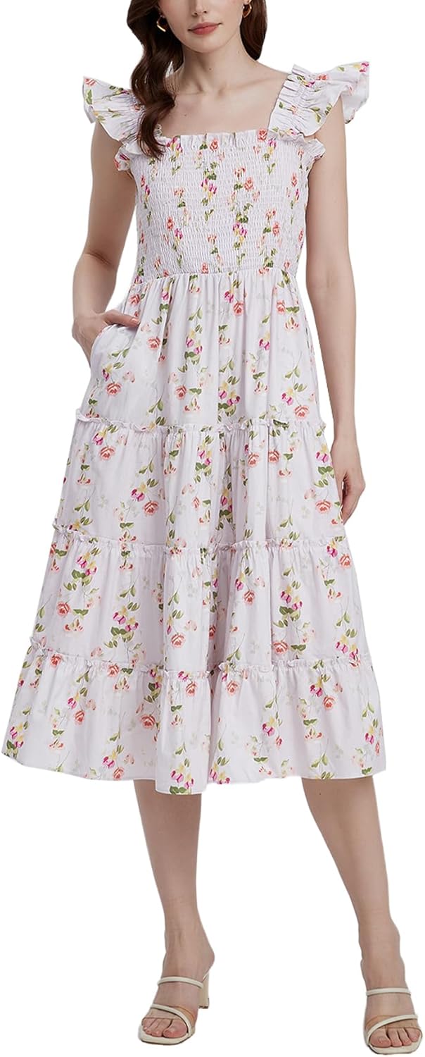 Women's Floral Smocked Midi Dress Square Neck Ruffle Strap Sleeveless Flowy A-Line Long Beach Sundress