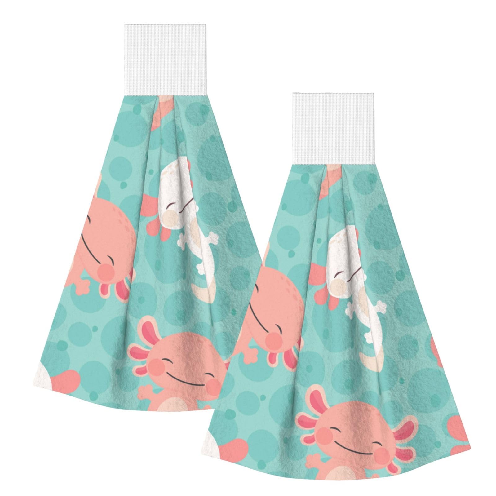 DOPKLNA Kawaii Baby Cute Axolotl, 2 Pcs Hanging Coral Fiber Hand Towels for Bathroom, Absorbent Kitchen Towels
