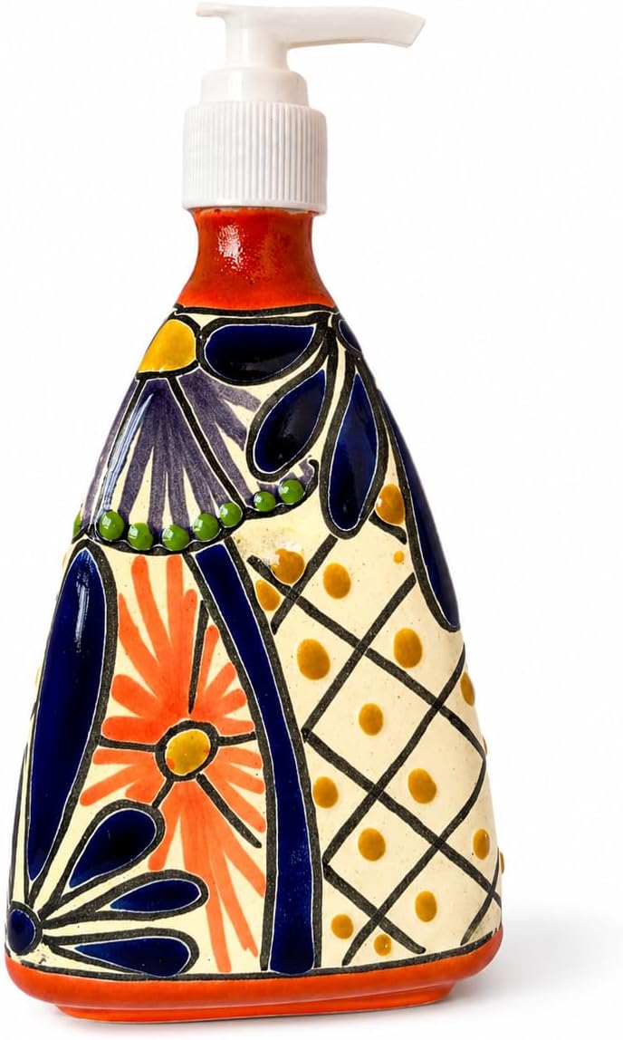 Pyramid-Shaped Ceramic Soap and Lotion Dispenser, for Kitchen or Bathroom Countertops - Lead-Free Hand Painted Mexican Pottery - Jabonera Piramide Multicolor