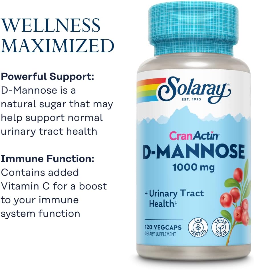 SOLARAY D-Mannose with CranActin Cranberry Supplement 400mg, Urinary Tract Health & Bladder Support Capsules with Vitamin C for Immune Function, Vegan, 60 Day Guarantee