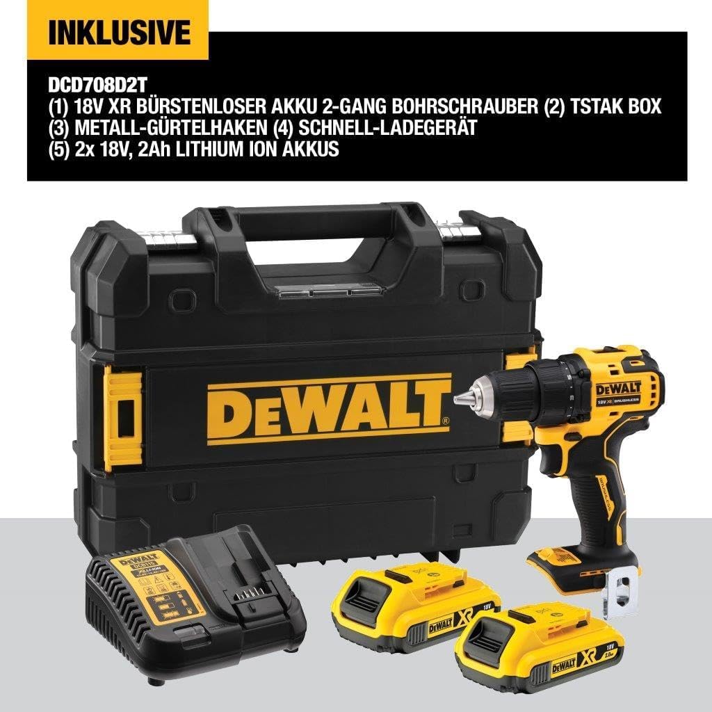 DEWALT18 Volt 2-Gang Akku-Bohrschrauber (bürstenloser Motor, Vollmetallgetriebe,15-stufiges Drehmomentmodul, 13 mm Schnellspann-Bohrfutter, 2x 2 Ah Li-Ion Akkus, Ladegerät, LED-Leuchte), DCD708D2T-QW