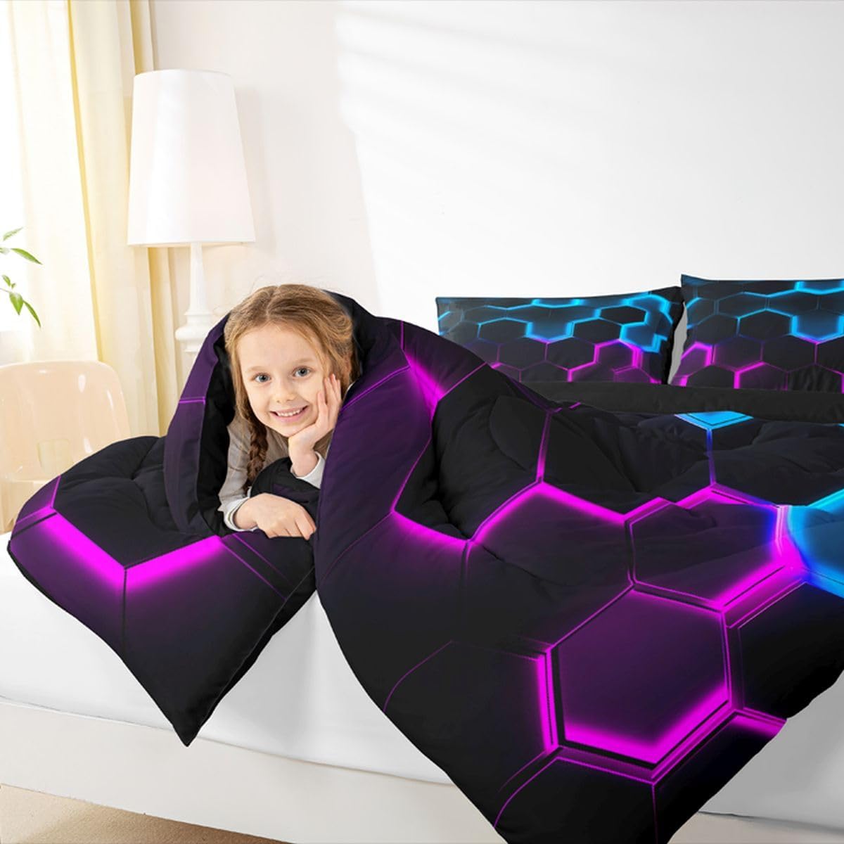 Castle Fairy Honeycomb Comforter Set Queen Size,Hexagon Theme with Pink Blue Neon Lights Quilt Set,Boys Teen Man Chic Creative Home Bedding Set 3pcs Duvet Insert with 2 Pillowcases,Black
