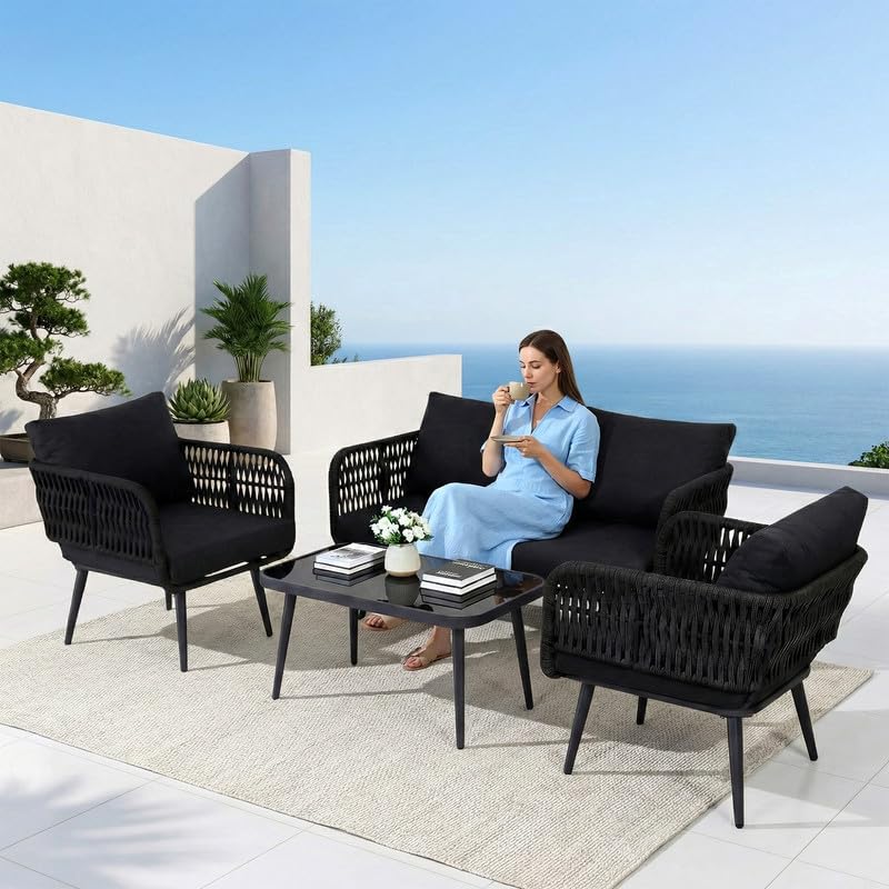 Image of BRISHI Outdoor Sofa Set || Balcony Sofa || Patio Furniture Sets | Conversation Sets | Braid & Rope Garden Seater Sofa Set and Center Table (4 Seater Black)