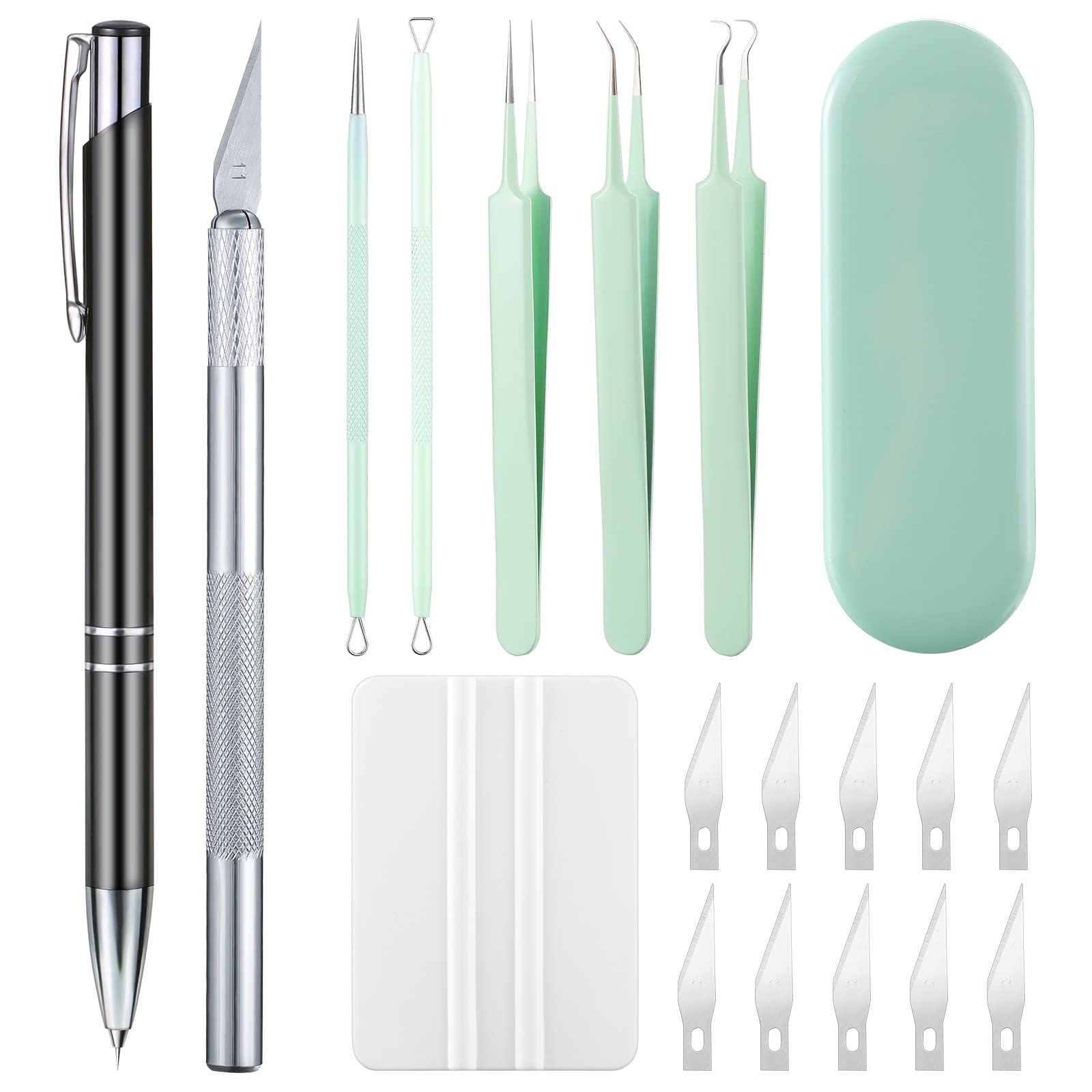 19 Pieces Craft Vinyl Weeding Tool Kit Basic Vinyl Tools, Includes Air Release Pen, Vinyl Squeegee, Vinyl Tweezers Weeders with Storage Box, Craft Knife with Knife Blade for Precision Weeding