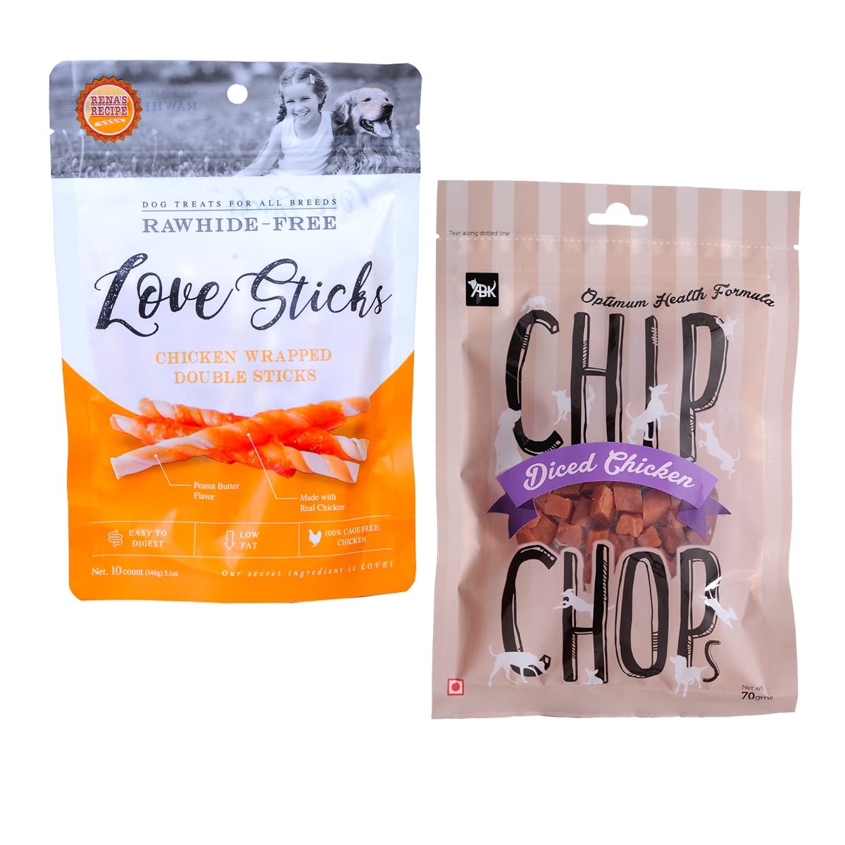Pet Snacks Combo: Chip Chops Diced Chicken (70gm) and Renas Love Sticks Chicken & Peanut Butter Strip (146g)-Healthy & Digestible Treats for All Dog Breeds (B08P3LJ2B7) Amazon Price History, Amazon Price Tracker