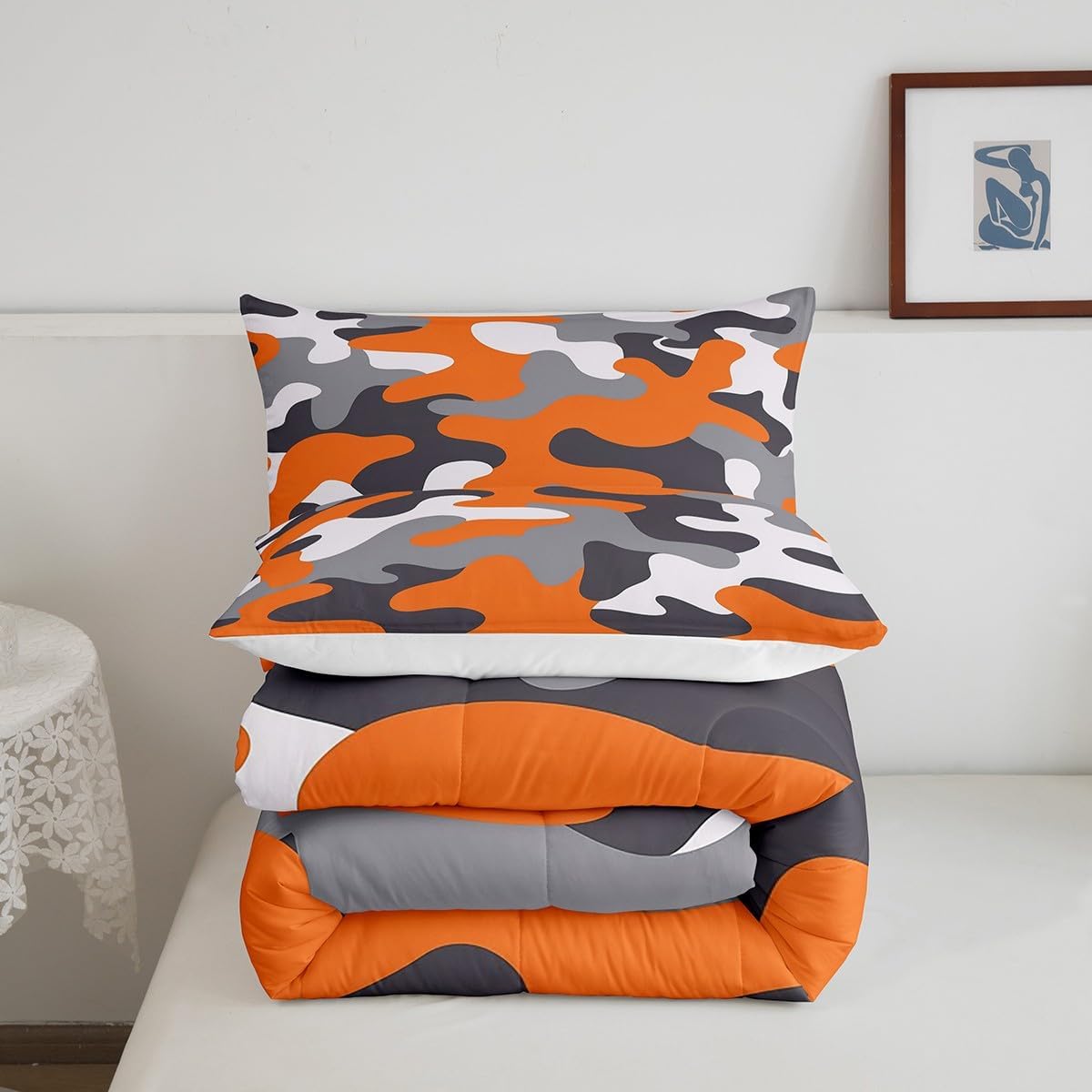 Erosebridal Kids Teens Camo Comforter Set,Boys Camouflage Bedding Sets Twin,Orange Grey White Colorful Pattern Style Quilt Set,Farmhouse Militarily Duvet Insert with 1 Pillowcase Bedroom Decor
