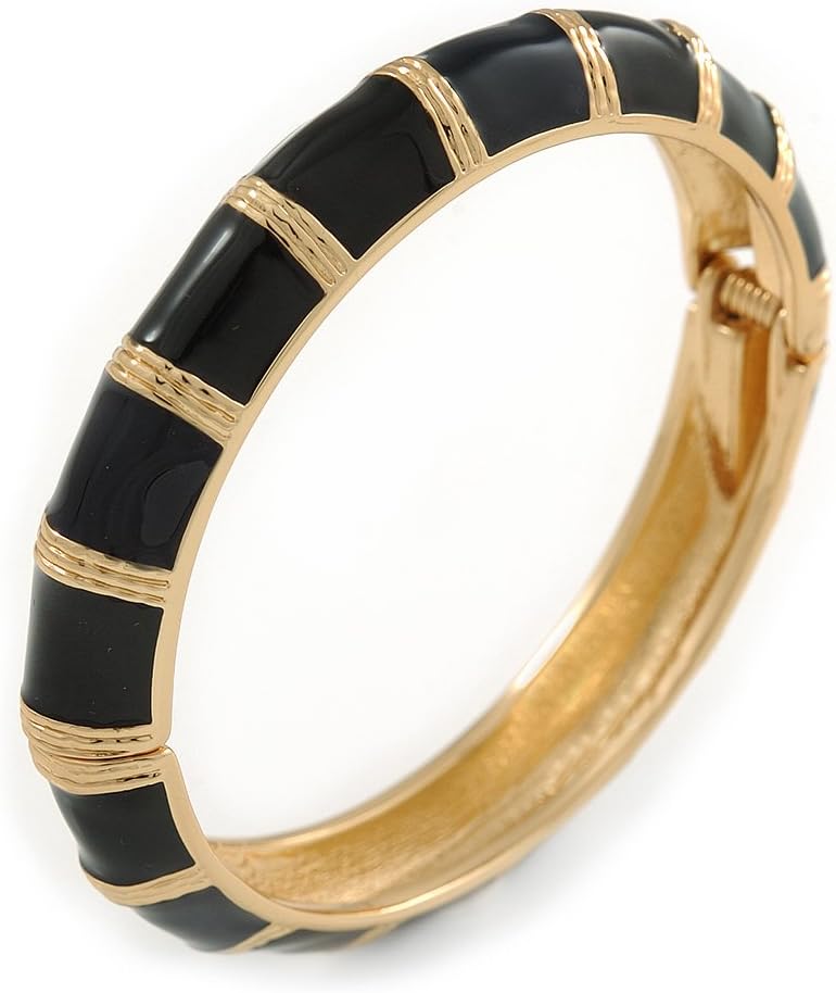 AvalayaBlack Enamel Hinged Bangle Bracelet/Gold Plating/Size M/L