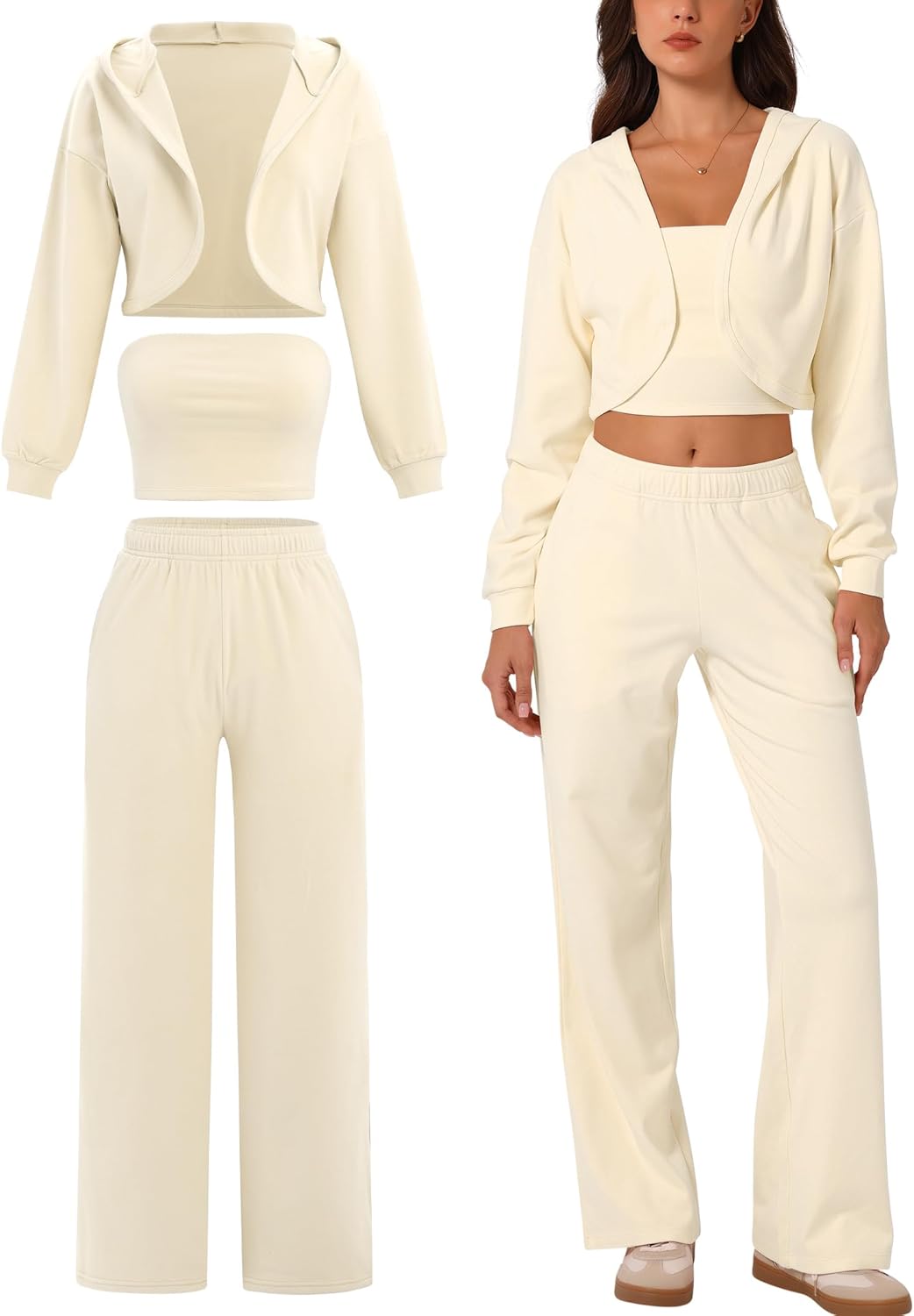 ABOCIW Womens 3 Piece Outfits Brushed Jersey Long Sleeve Hooded Cropped Shrug Bandeau Top Wide Leg Sweatpants Tracksuit