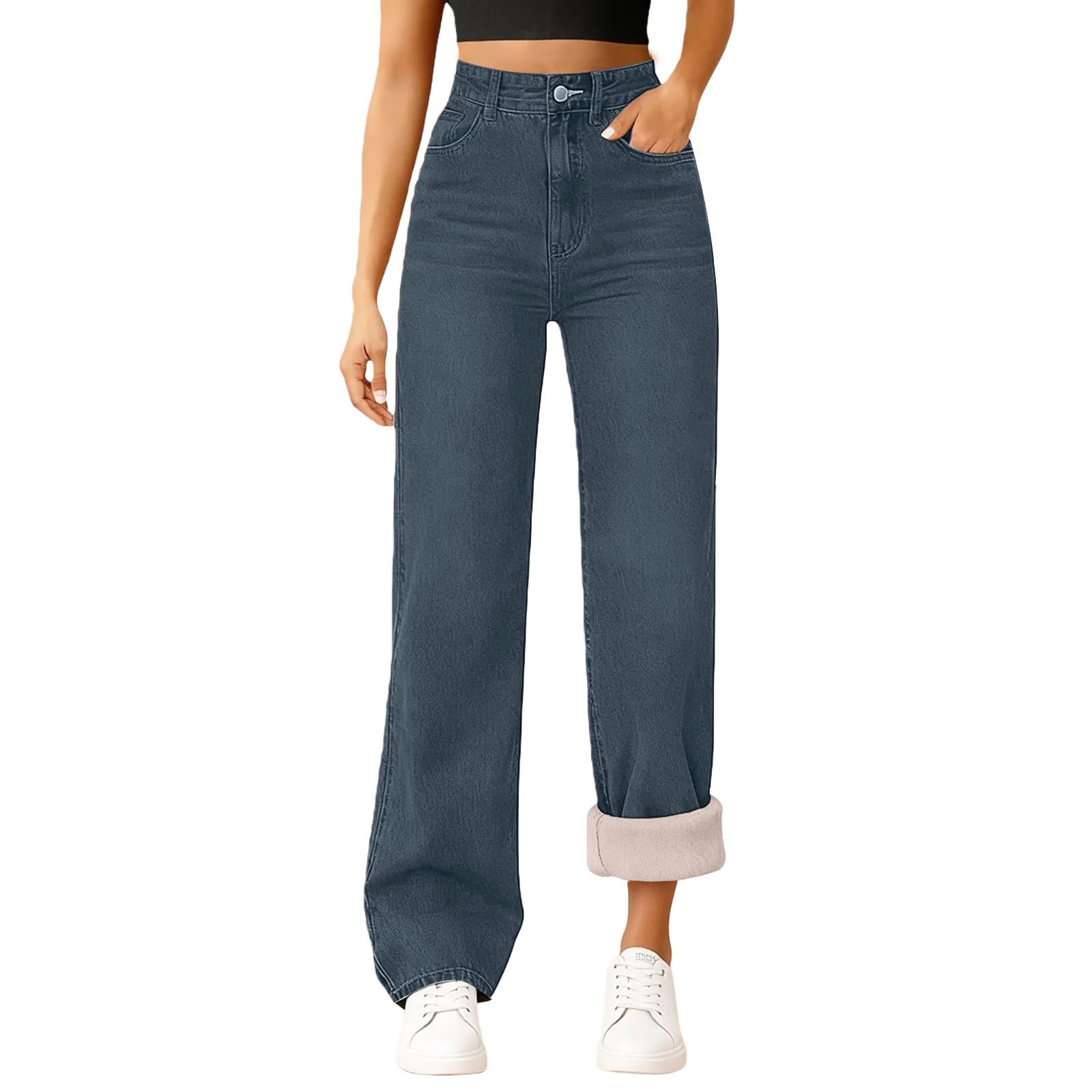 Generisch Pantalones vaqueros térmicos para mujer, forrados de invierno, pantalones térmicos para mujer, elásticos, pantalones largos de joggy, cintura alta, holgados, pierna recta, pantalones
