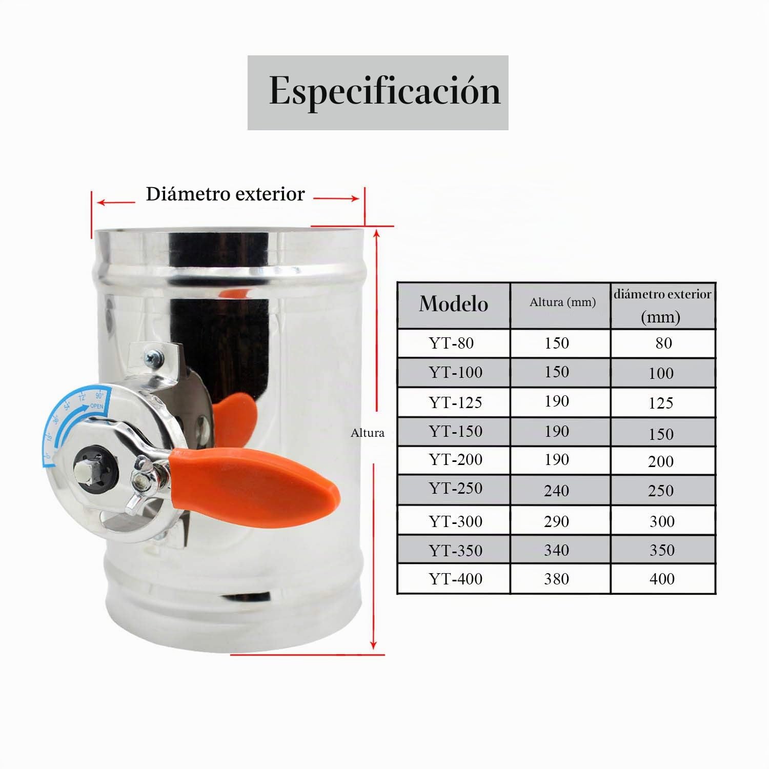 1 pieza - HVAC compuerta regulacion aire para tubo ventilacion 1 pieza diámetro 80 100 125 150 200 250 300 250 400 mm (Diámetro 100mm)