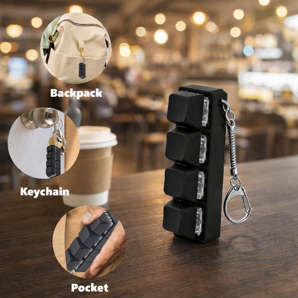 Zestaw 2-częściowy breloków do kluczy, z klawiaturą klikającą, mechanicznym zabawką antystresową Mini Keyboard 4 klawisze Keycaps DIY z karabińczykiem 15+ (Czarny)