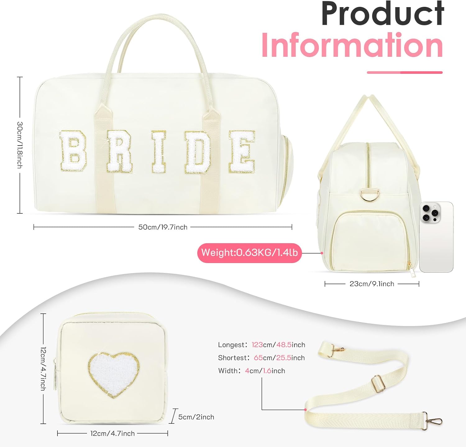 Bride Bag Bridal Shower Gifts 2 Pcs Wedding Weekender Tote Groom Duffel Chenille Letter Bag with Shoes Compartment Bachelorette Gifts for Bride to Be (White, Bride) - Image 4