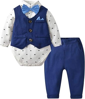 famuka Baby Boy 3 Piece Formal Outfit Suit with Bows Waistcoat Gentleman Tuxedo