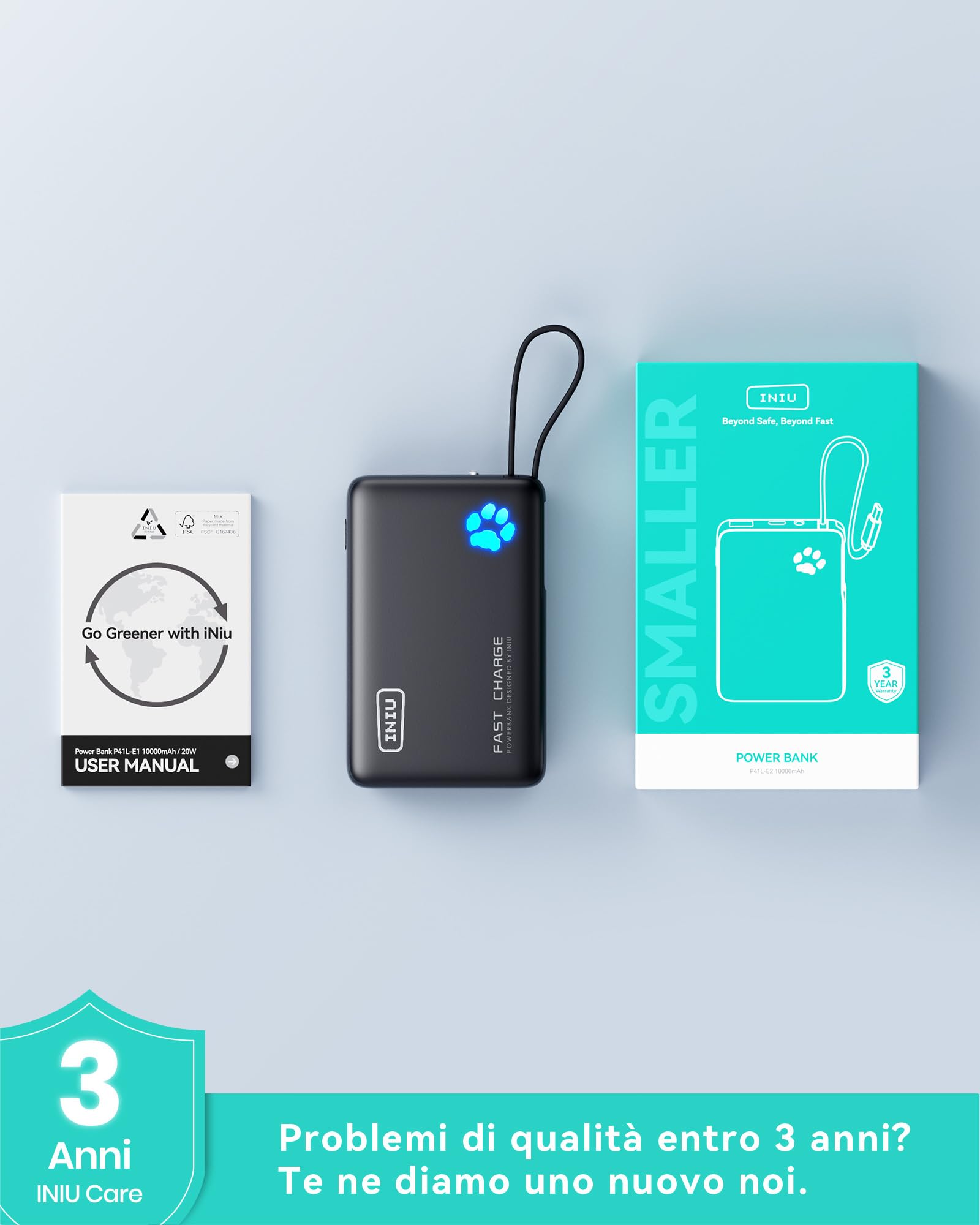 INIU Power Bank, Sottile 20W 10000mAh PowerBank con Cavo Integrato, Ricarica Rapida PD3.0 QC4.0 USB C Input & Output Caricatore Portatile per per iPhone 16 15 14 Pro Max Plus Samsung Huawei iPad Pro