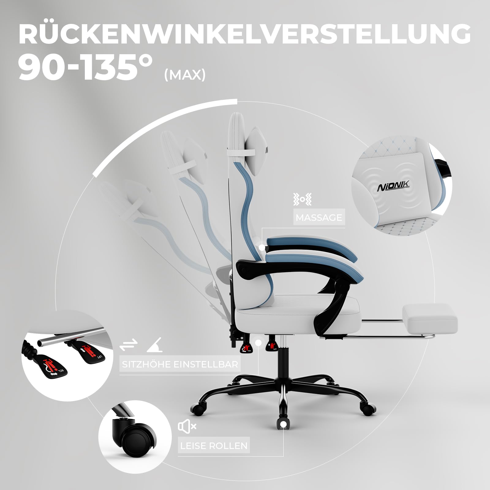 Gaming Stuhl, Ergonomischer Bürostuhl mit Fußstütze & Lordosenstütze, Höhenverstellbarer Schreibtischstuhl für Erwachsene, PC Gaming Stuhl für E-Sports, E-Sport, Streaming und Homeoffice