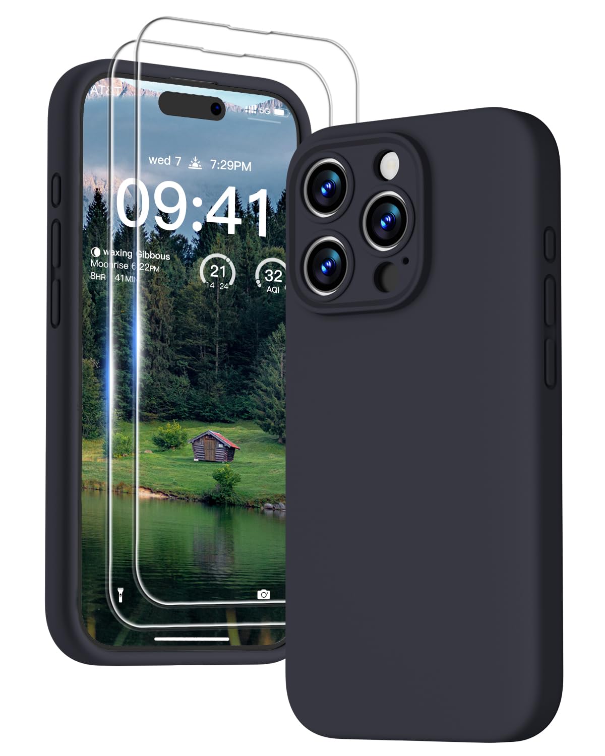 GOODVISH 3 in 1 Silicone Cover per iPhone 15 Pro Max 6.7" (2023), Custodia con 2 Pellicola Protettiva, Case per Cellulare Ultra Sottile Antiurto Resistente [Protezione Fotocamera], Nero