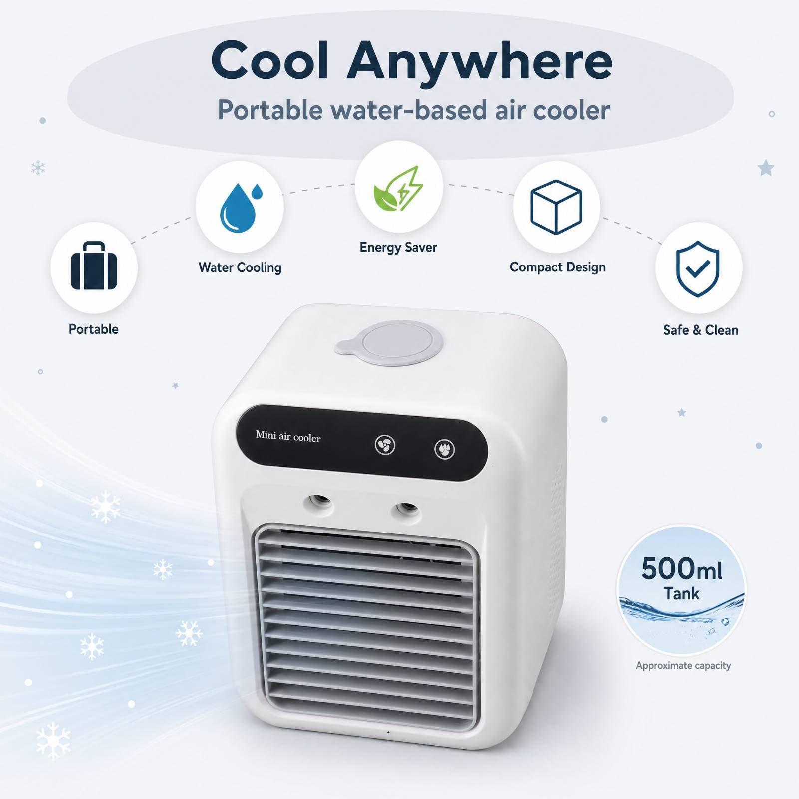 Condizionatore Portatile Raffreddamento Efficiente Design Compatto per Casa, Ufficio, Viaggi, Campeggio, Serbatoio Dell'acqua da 500 Ml, Ventola CA per Piccole Stanze