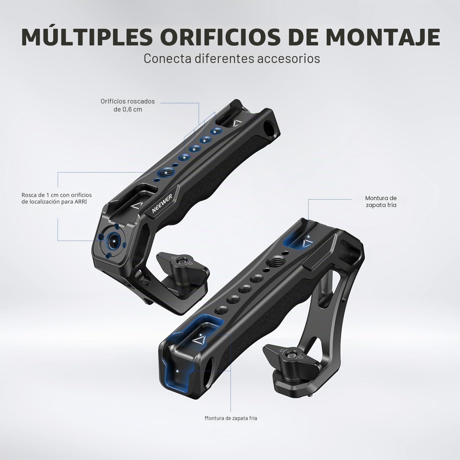 NEEWER Mango superior de cámara con tornillo de ala de 3/8 pulgadas y pasadores de localización para ARRI, agarre de silicona antideslizante con roscas de 1/4 y 3/8 pulgadas, zapatos fríos, compatible
