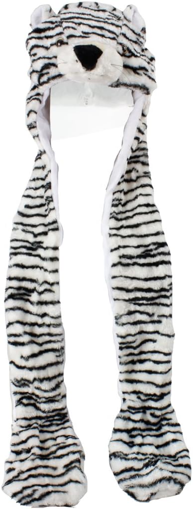 Unisex Plush Long Animal Hat/Scarf/Mitten, L1 White Tiger