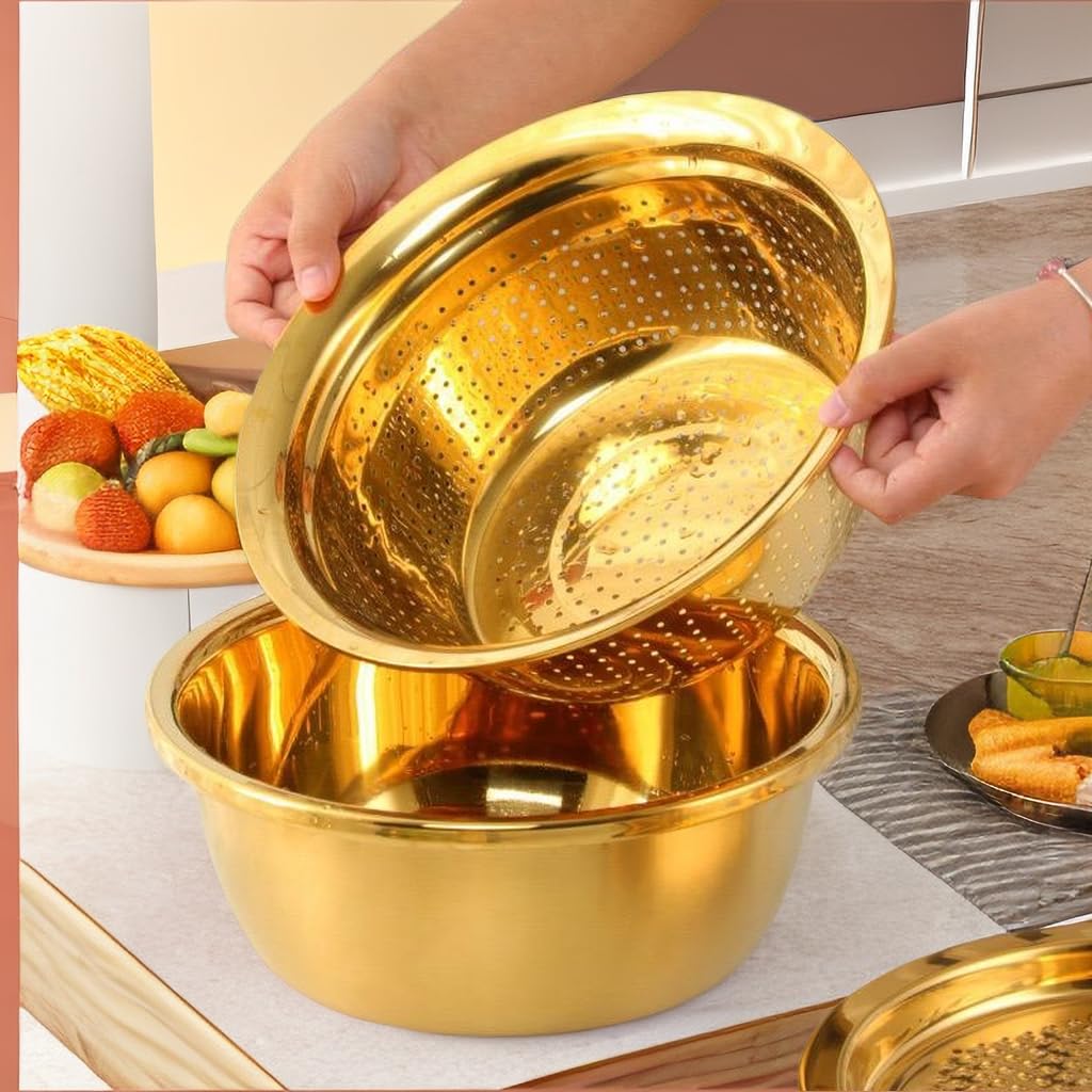 Multifunktionales Goldsieb aus Edelstahl, 3er-Set, große Kapazität, Küchensieb, Utensil zum Waschen von Gemüse, Obst und Kartoffeln, Karottenreibe