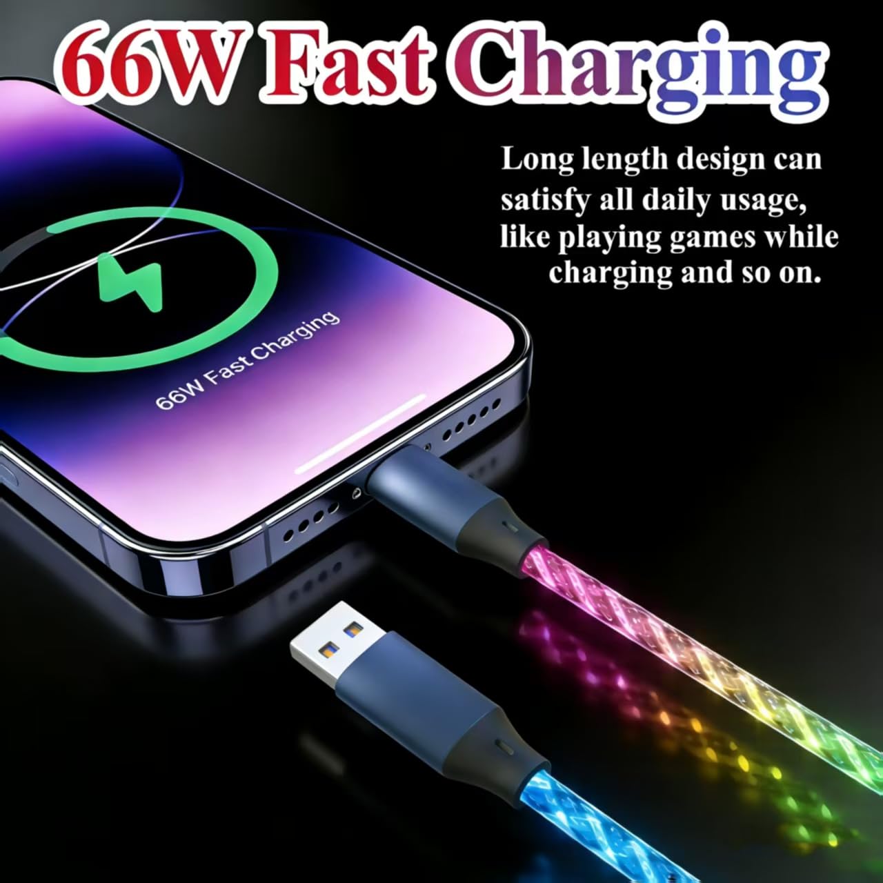 10FT RGB Glowing USB C Cable - 66W Super Fast Charging, 480Mbps High Speed Transfer, Type C to USB A Extension Cord, Perfect for i-Phone 16 17 Pro Max/Plus, Samsng Galaxy S24 S23,LG More Android Phone