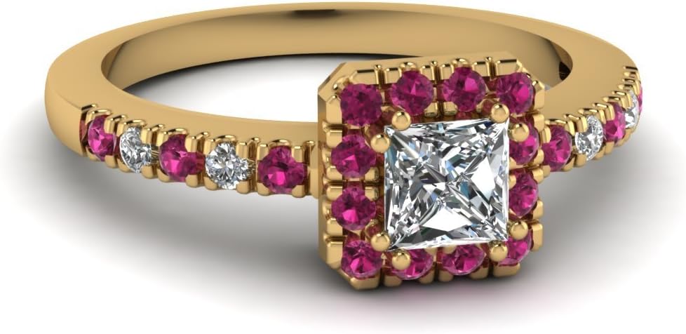 Choose Your Gemstone Petite Plaza Ring Yellow Gold Plated Princess Shape Halo Engagement Rings Gemstone Wedding Promise Gift Casual Wear Party Wear Daily Wear US Size 4 to 12