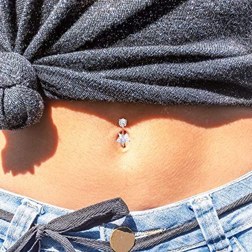 Sllaiss Sterling Silver 14G Belly Button Rings For Women Curved Barbell Belly Rings Body Navel Piercing Jewelry (Star Shape) #TOP5