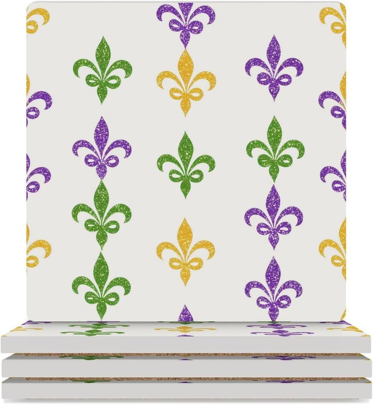 Mardi and Gras Fleurde-Lis Coasters for Drinks Square Table Coasters Set Cup Mats with Cork Base