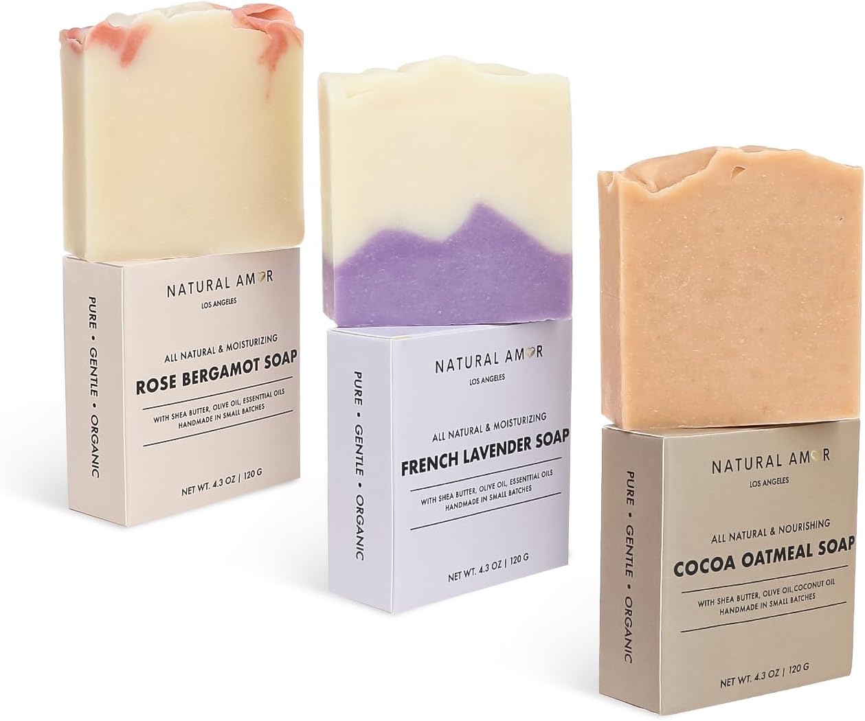Natural Amor All Natural Handmade Soap Bar, Nourishing 3 pack- Rose Bergamot, Lavender, Unscented Oatmeal Bar Soap, 4.3 OZ each