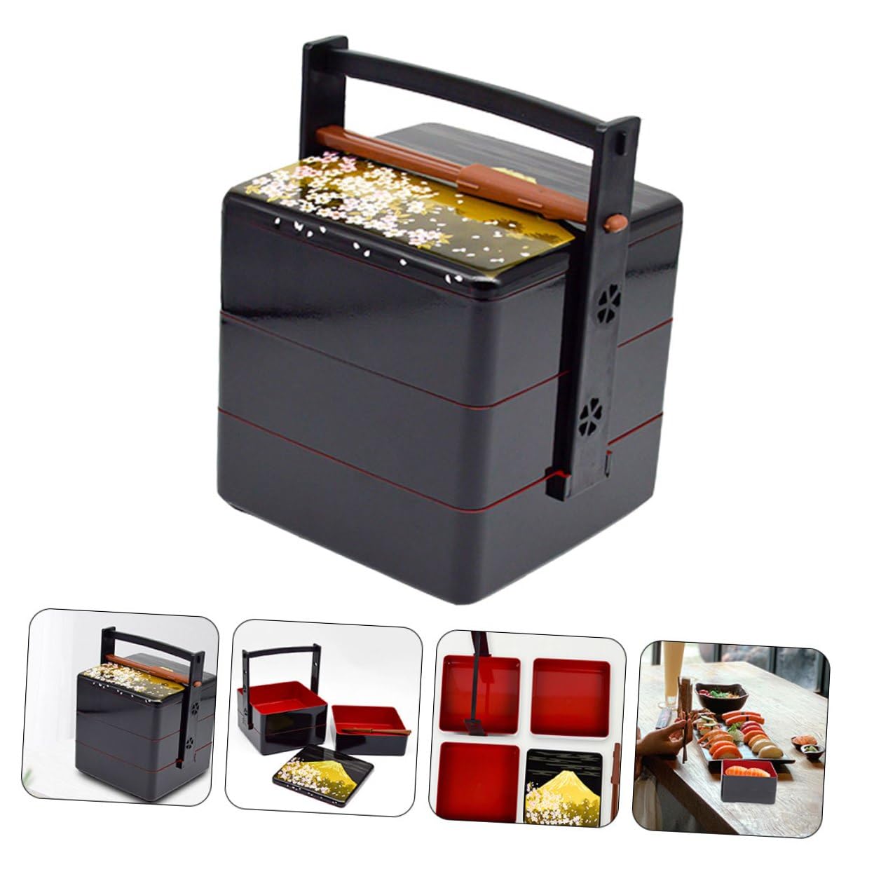 POPETPOP Boîte à Bento Japonaise Portable Noire à Trois Couches, ABS
