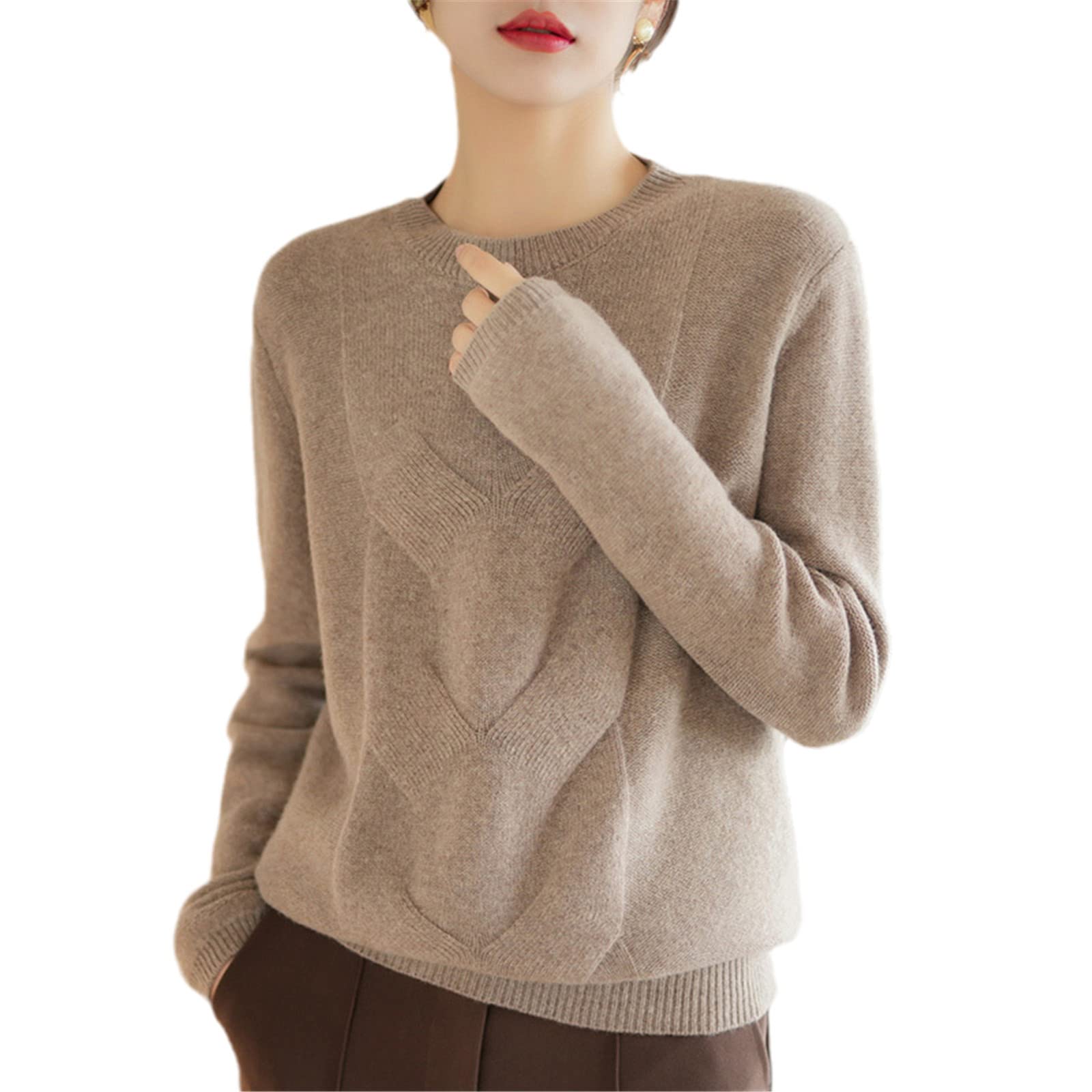 Kelsiop 100% lana merino suéter de las mujeres cuello redondo suéter otoño invierno moda punto parte inferior camisa, marrón claro, XL
