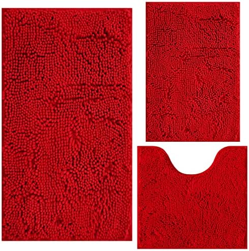 BOANKODU Red Bathroom Rugs Chenille 3-Piece Extra Soft and Absorbent Shag Red Bath Mat, Machine Wash Mat, Strong PVC Non-Slip Underside, Plush Carpet Mats (Red)
