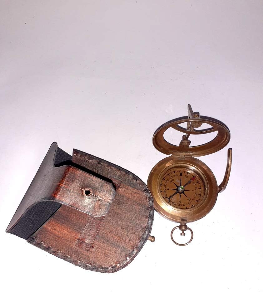 Brass Compass with Sundial Vintage Push Button Compass with Lather Case Nautical Compass