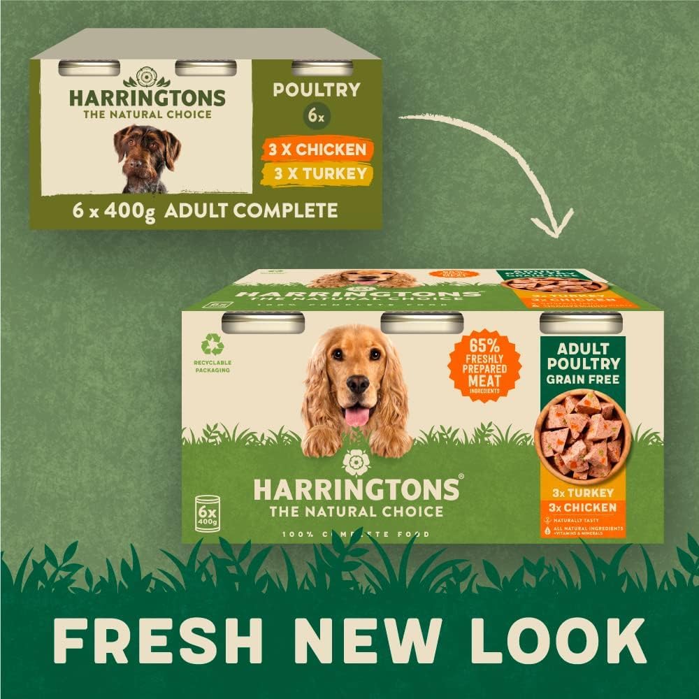 Harringtons Cibo umido completo, senza cereali, ipoallergenico, per cani adulti, confezione da 6 x 400 g, pollo e tacchino, realizzato con ingredienti naturali