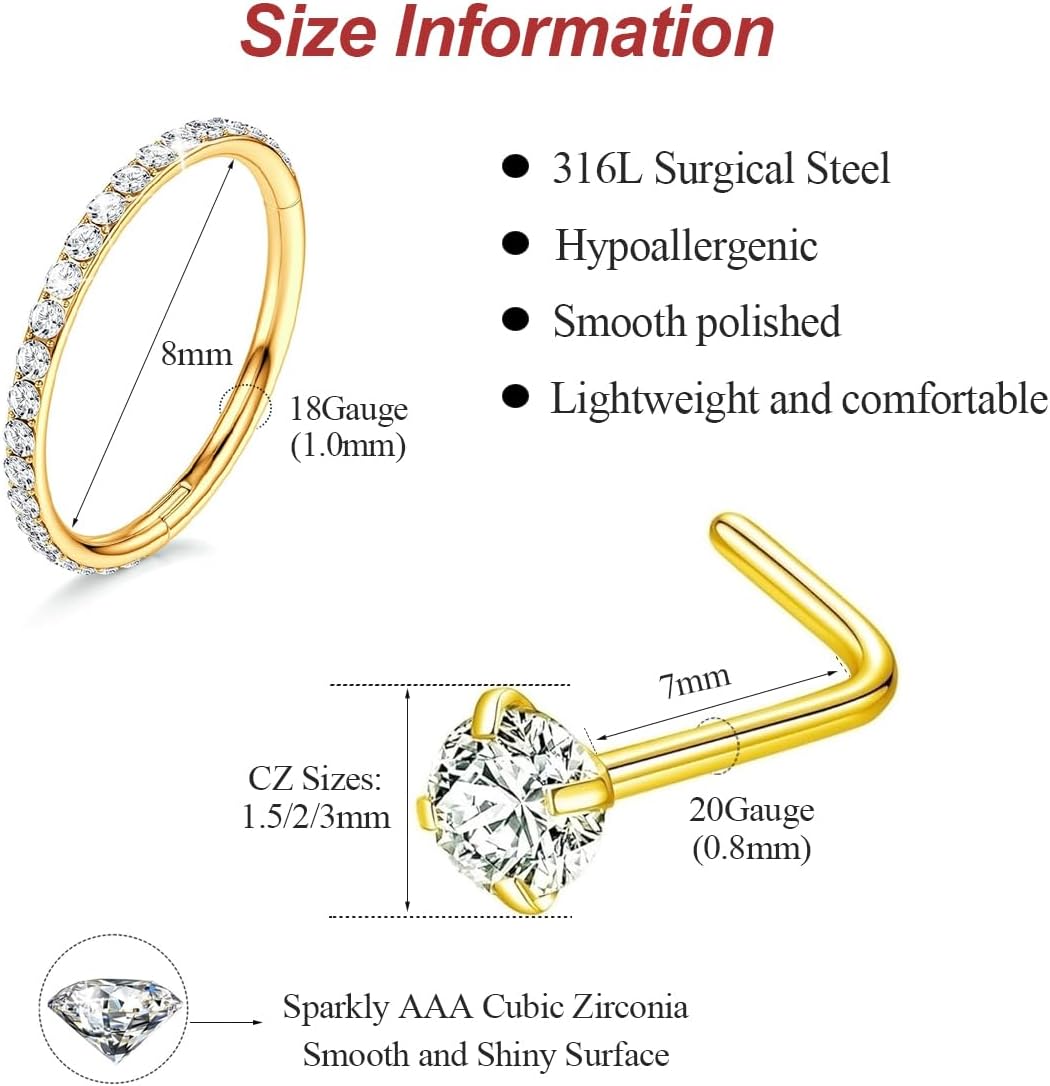 18G Nose Rings Hoop and 20g Nose Studs Sets for Women Men, Hypoallergenic 316L Surgical Steel Hinged Clicker Segment CZ Nose Hoops Double Hoop Nose Ring Septum Lip Helix Cartilage Daith Tragus Sleeper Earrings Gold Silver L Shape/Corkscrew Nose Studs Nostril Small Piercing Jewelry