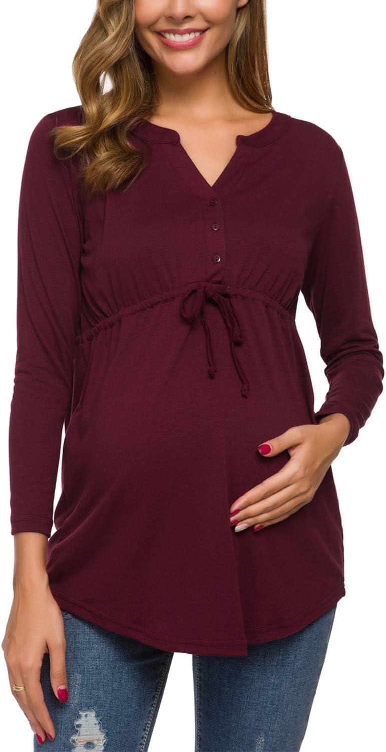 Women's Maternity Tops Pregnancy Shirts Casual Long Sleeve V Neck Pregnancy Blouse