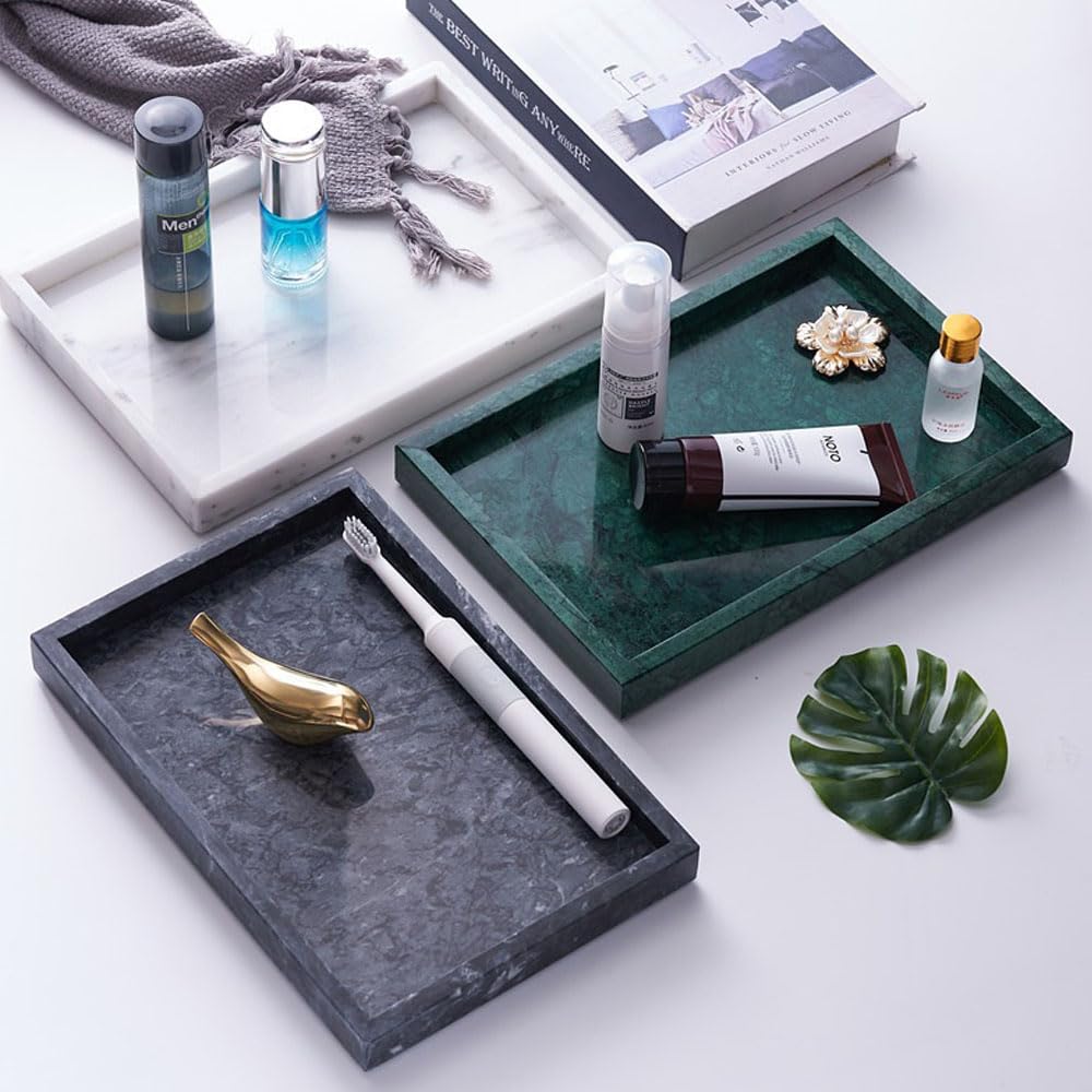 Natural Marble Rectanular Service Vanity Bathroom Tray 3 Colors Available - Rectangular Marble Organizer Plate with Non-Slip Pads - Perfect for Perfume, Cosmetics, Cups - Premium (Green)