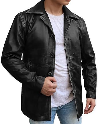 Mens Genuine Super Natural Leather Jacket - Distressed Leather Jacket Car Coat