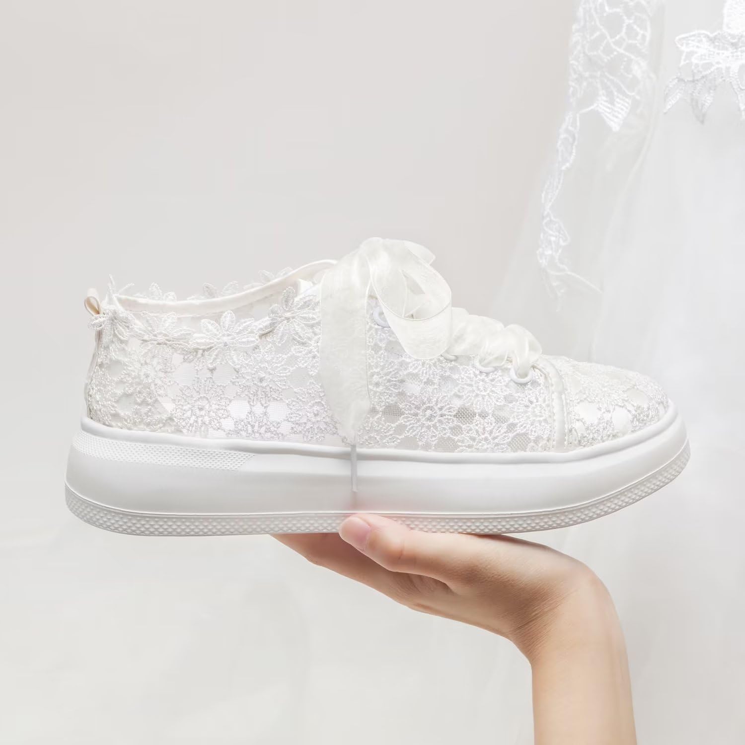 Emily Bridal 115-11 Women's Wedding Sneakers Flats Tennis Shoes Flower Lace Sneakers