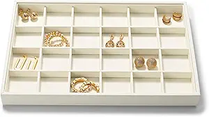 24 Grids Microfiber Jewelry Trays Ring Earrings Organizer Tray Stackable Jewelry Drawer Organizer(Beige)