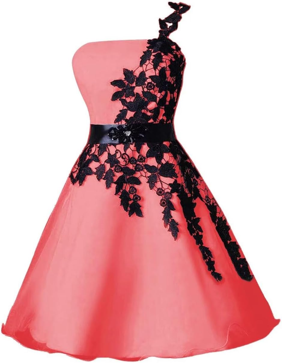 Woman’s Short A Line One Shoulder Homecoming Dress with Black Appliques Prom Gowns